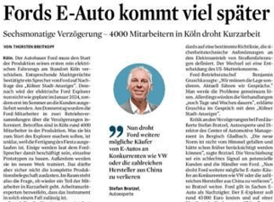 Kölner Stadtanzeiger: Ford Elektrofahrzeugproduktion verzögert sich